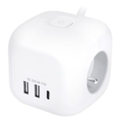 Obrázek Solight 3z + USB A+C prodlužovací přívod - kostka, kabel 2m, 3 x 1mm2, bílý, vypínač