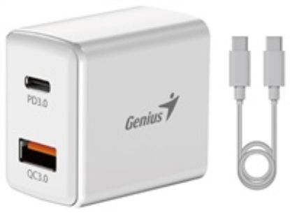 Obrázek GENIUS nabíjecí set PD- 20ACP, 20 W, rychlé nabíjení, USB- C PD3.0, USB- A QC3.0, 1m kabel USB- C USB- C, bílá