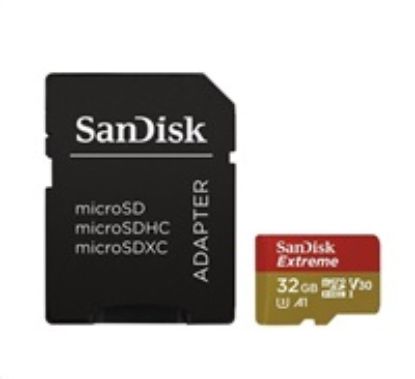 Obrázek SanDisk MicroSDHC karta 32 GB Extreme (100MB/ s, Class 10 UHS- I V30, pro akční kamery) + adaptér