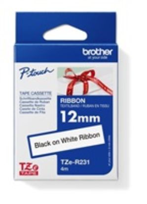 Obrázek BROTHER TZE- R231 - kazeta TZ šířky 12mm, TEXTILNÍ páska 4m- pro tvorbu dárků - NELEPÍCÍ - BÍLÁ PÁSKA, ČERNÝ POTISK