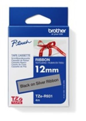 Obrázek BROTHER TZE- R931 - kazeta TZ šířky 12mm, TEXTILNÍ páska 4m- pro tvorbu dárků - NELEPÍCÍ - STŘÍBRNÁ PÁSKA, ČERNÝ POTISK