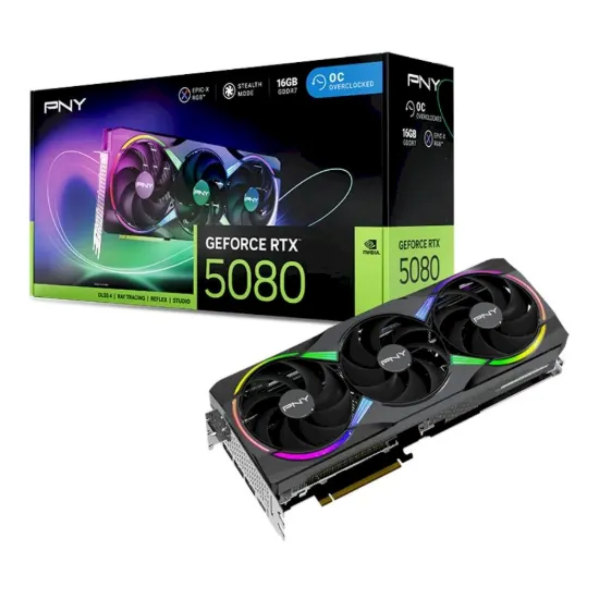 Obrázek PNY VGA Nvidia GeForce RTX 5080 16 GB ARGB OC Triple Fan, RTX 5080 OC, 16 GB GDDR7, 3xDP, 1xHDMI