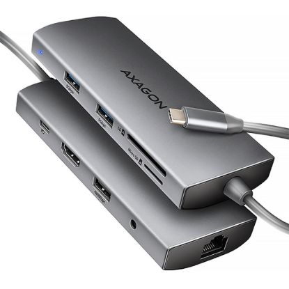 Obrázek AXAGON HMC- 8HLSA, USB 5Gbps hub, 3x USB- A, HDMI 4k/ 60 Hz, RJ- 45 GLAN, SD/ microSD, audio, PD 100 W, kabel USB- C…