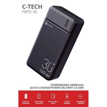 Obrázek C- TECH Powerbanka 30000mAh, Li- Pol, 20 W, USB- C/ USB- A/ micro USB