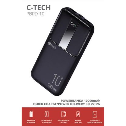 Obrázek C- TECH Powerbanka 10000mAh, Li- Pol, 22, 5 W, USB- C/ USB- A/ micro USB