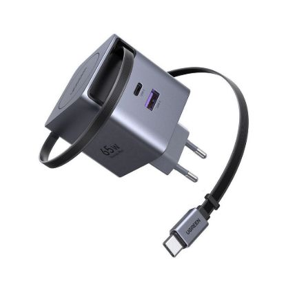Obrázek UGREEN síťová rychlonabíječka se zatahovacím kabelem 65 W 3- Port, 2x USB- C, 1x USB- A, GaN, stříbrná