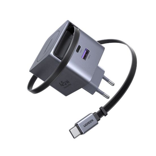 Obrázek UGREEN síťová rychlonabíječka se zatahovacím kabelem 45 W 3- Port, 2x USB- C, 1x USB- A, GaN, stříbrná