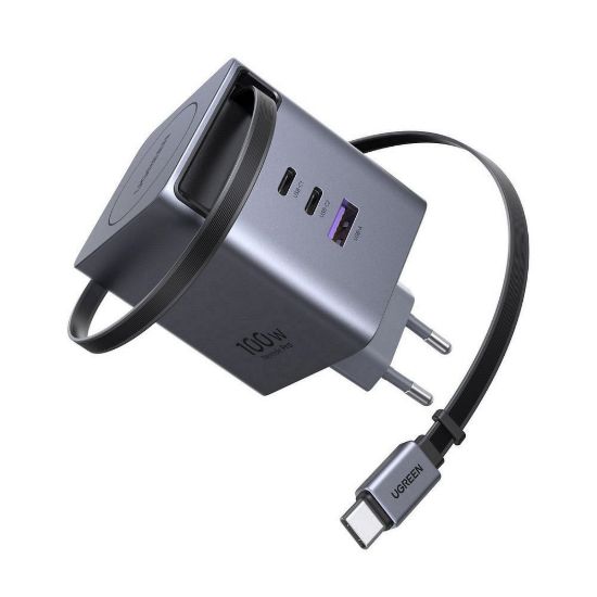 Obrázek UGREEN síťová rychlonabíječka se zatahovacím kabelem 100 W 3- Port, 2x USB- C, 1x USB- A, GaN, stříbrná