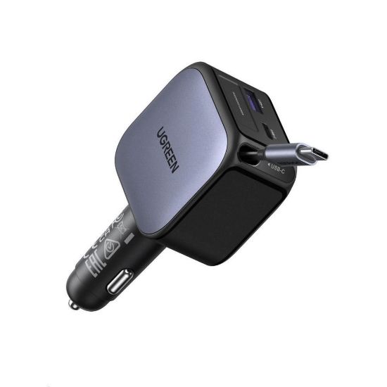 Obrázek UGREEN rychlonabíječka do auta se zatahovacím kabelem 90 W 3- Port, 2x USB- C, 1x USB- A, GaN, stříbrná