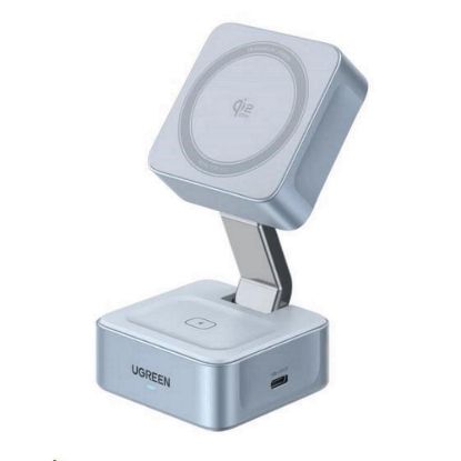 Obrázek UGREEN magnetická bezdrátová nabíječka 2v1 MagFlow Qi2.2, 25 W, MagSafe, stříbrná