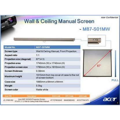 Obrázek ACER Projekční plátno M90- W01MG Projection Screen, 1960 x 1100, 90'' (16: 9) Wall & Ceiling Gray Manual