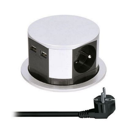 Obrázek Solight výsuvný blok zásuvek, 3 zásuvky, 2x USB, kruhový tvar nízký, prodlužovací přívod 1, 5m, 3 x 1mm2, stříbrný