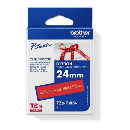 Obrázek BROTHER TZE- RW54 - kazeta TZ šířky 24mm, TEXTILNÍ páska 4m- pro tvorbu dárků - NELEPÍCÍ - ČERVENÁ PÁSKA ZLATÝ POTISK…
