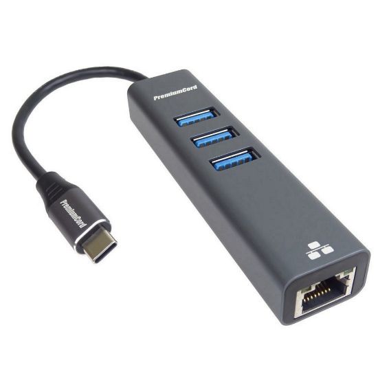 Obrázek PREMIUMCORD Adaptér USB- C na Gigabit 10/ 100/ 1000Mbps + 3x USB3.0 konektor