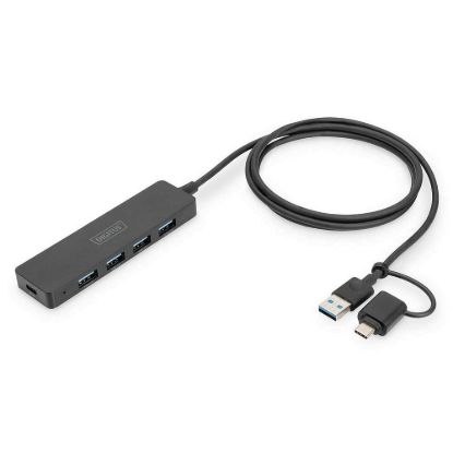 Obrázek DIGITUS USB 3.0, Hub 4- Port, Slim Line with 120cm cable with USB- C adapterr