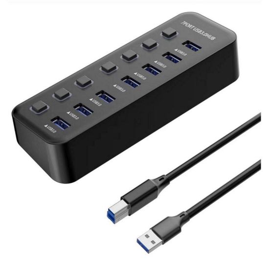 Obrázek PREMIUMCORD Hub USB 3.2, 7- portový s vypínači portů, 5G SuperSpeed, Černá