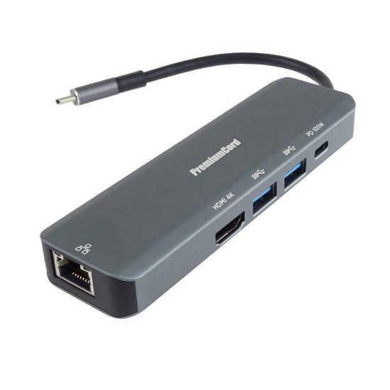 Obrázek PREMIUMCORD Adaptér USB- C na Gigabit 10/ 100/ 1000Mbps + 1x HDMI, 2x USB3.2, 1x PD 100 W konektor, Šedá