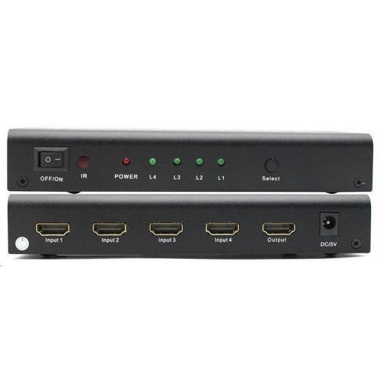 Obrázek PREMIUMCORD HDMI switch 4: 1 kovový s dálkovým ovladačem a napájecím adaptérem