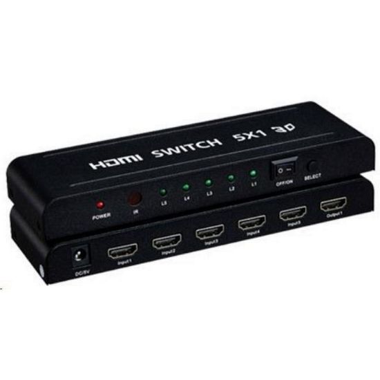 Obrázek PREMIUMCORD HDMI switch 5: 1 kovový s dálkovým ovladačem a napájecím adaptérem