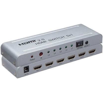 Obrázek PremiumCord 4Kx2K@60 Hz HDMI switch 5: 1 kovový s dálkovým ovladačem a napájecím adaptérem