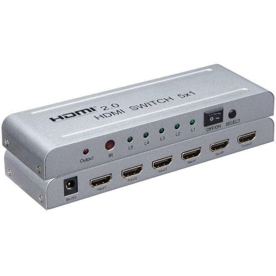 Obrázek PremiumCord 4Kx2K@60 Hz HDMI switch 5: 1 kovový s dálkovým ovladačem a napájecím adaptérem