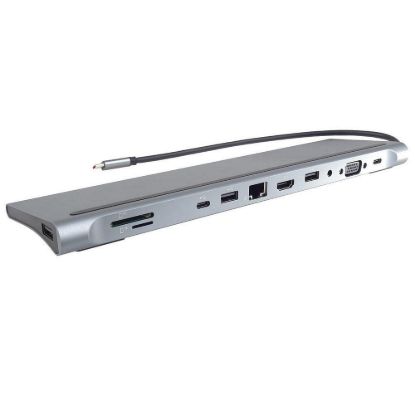 Obrázek PREMIUMCORD Dokovací stanice USB- C 10v1, 1xHDMI, 1xVGA, 2xUSB- C, 3xUSB, 1xRJ45, čtečka SD karet, šedá