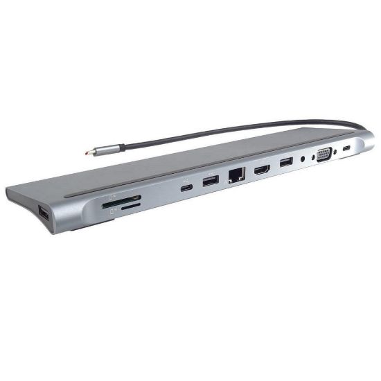 Obrázek PREMIUMCORD Dokovací stanice USB- C 10v1, 1xHDMI, 1xVGA, 2xUSB- C, 3xUSB, 1xRJ45, čtečka SD karet, šedá