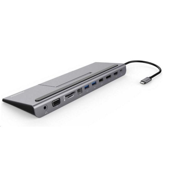 Obrázek PREMIUMCORD Dokovací stanice USB- C 8v1, 1xDP, 1xHDMI, 1xVGA, 1xUSB- C, 3xUSB, 1xRJ45, šedá