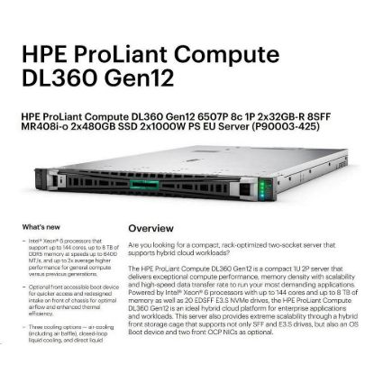Obrázek HPE PL DL360g12 6507P (3.5/ 8C) 2 x 32G (P69727) 2 x 480G MR408i- o 8SFF 2 x 1000 W 2p10G- T NBD333 Smart Choice