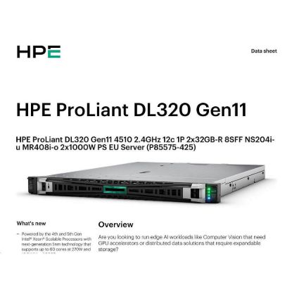 Obrázek HPE PL DL320g11 4510 (2.4/ 12C) 2 x 32G (p64706) NS204(2 x 480) MR408i- o 8SFF 2 x 1000 W 2p1G Smart Choice