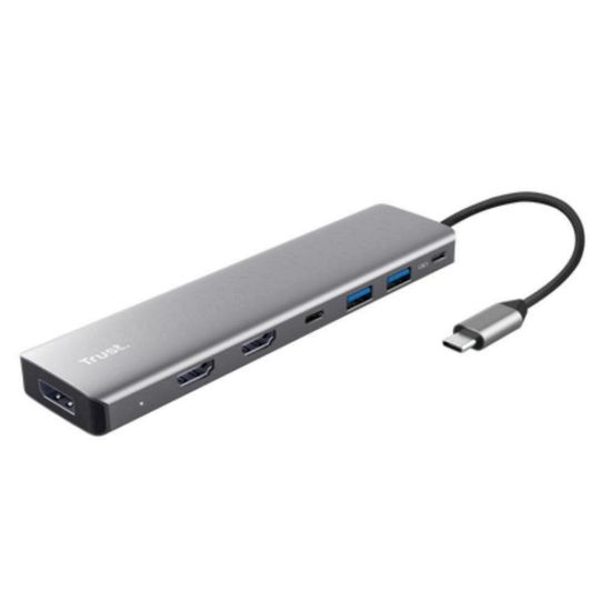Obrázek TRUST Dokovací stanice DALYX 7v1, 1xDP, 2xHDMI, 2xUSB- C, 2xUSB, šedá