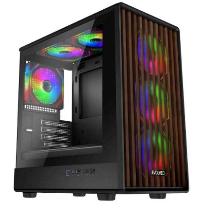 Obrázek EVOLVEO Panthera, skříň mATX, 6x ARGB ventilátor 120mm, dřevěný přední panel + skleněná bočnice