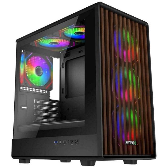Obrázek EVOLVEO Panthera, skříň mATX, 6x ARGB ventilátor 120mm, dřevěný přední panel + skleněná bočnice