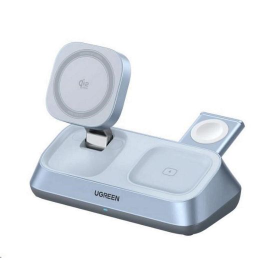 Obrázek UGREEN magnetická bezdrátová nabíječka 3v1 MagFlow Qi2.2, 25 W, MagSafe, stříbrná