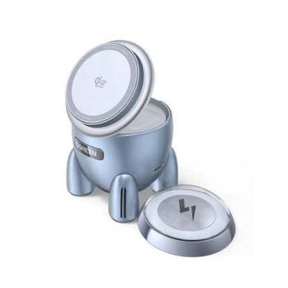 Obrázek UGREEN magnetická bezdrátová nabíječka 2v1 MagFlow Qi2.2, 25 W, MagSafe, raketa, stříbrná