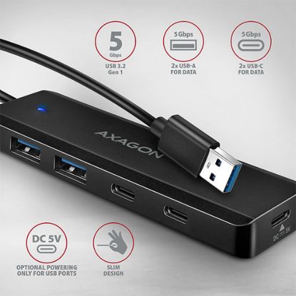 Obrázek AXAGON HUE- C2A, 4× USB 5Gbps TRAVEL hub, 2× USB- A + 2× USB- C, USB- C napájení, kabel USB- A 19cm