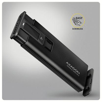 Obrázek AXAGON EEM2- SD2B, USB- C 10Gbps externí box s displejem pro M.2 NVMe/ SATA SSD, bezšroubkový, černý