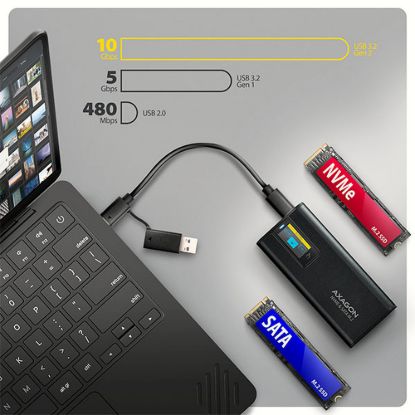 Obrázek AXAGON EEM2- SD2B, USB- C 10Gbps externí box s displejem pro M.2 NVMe/ SATA SSD, bezšroubkový, černý