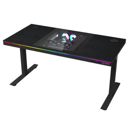 Obrázek LORGAR stůl s volitelnou výškou, vestavěnou skříní pro PC, bezdrátovou nabíječkou, RGB a USB porty,  dřevěná deska