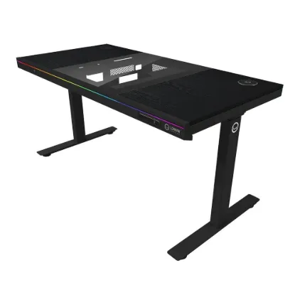 Obrázek LORGAR stůl s volitelnou výškou, vestavěnou skříní pro PC, bezdrátovou nabíječkou, RGB a USB porty,  dřevěná deska