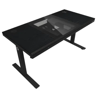 Obrázek LORGAR stůl s volitelnou výškou, vestavěnou skříní pro PC, bezdrátovou nabíječkou, RGB a USB porty,  dřevěná deska