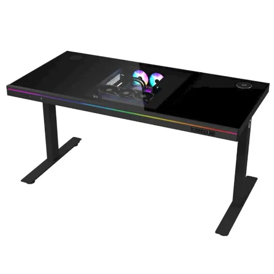 Obrázek LORGAR stůl s volitelnou výškou, vestavěnou skříní pro PC, bezdrátovou nabíječkou, RGB a USB porty, tvrzené  sklo