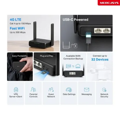 Obrázek Mercusys MB113- 4G WiFi4 router (N300, 4G LTE, 2, 4GHz, 1 x 100Mb/ s LAN/ WAN, 1 x 100Mb/ s LAN, 1xnanoSIM)