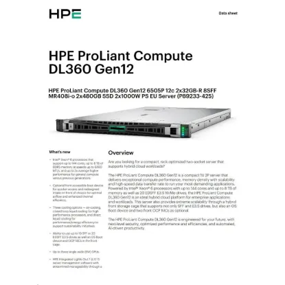 Obrázek HPE PL DL360g12 6505P (2.2- 4.1G/ 12C) 2 x 32G (P69727) MR408i- o 8SFF 2 x 1000 W 2p10T- G 5stdfans Bezel+lock Smart…