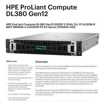 Obrázek HPE PL DL380g12 6505P (2.2/ 12C) 2 x 32G (P69727) 8SFF MR408i- o 2 x 1000 W 2p10G- T 4SF NBD333 Smart Choice