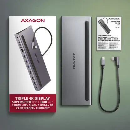 Obrázek AXAGON HMC- 4KX3 USB 5Gbps hub, 3x USB- A, 2x HDMI, DP, RJ- 45 GLAN, SD/ microSD, audio, PD 100 W, kabel USB- C 40cm