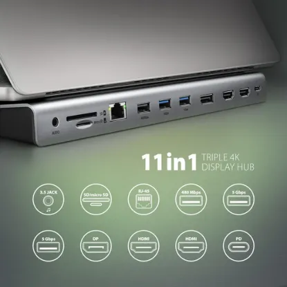 Obrázek AXAGON HMC- 4KX3 USB 5Gbps hub, 3x USB- A, 2x HDMI, DP, RJ- 45 GLAN, SD/ microSD, audio, PD 100 W, kabel USB- C 40cm