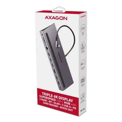 Obrázek AXAGON HMC- 4KX3 USB 5Gbps hub, 3x USB- A, 2x HDMI, DP, RJ- 45 GLAN, SD/ microSD, audio, PD 100 W, kabel USB- C 40cm