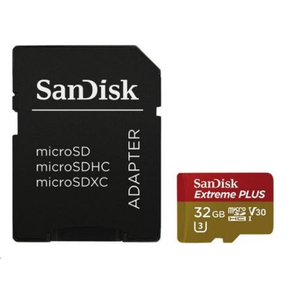 Obrázek SanDisk MicroSDHC karta 32 GB Extreme PLUS (R100/ W90MB/ s, UHS- I V30, Rescue Pro Deluxe) + adaptér