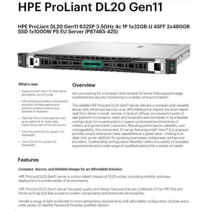 Obrázek HPE PL DL20g11 6325P (3.5G/ 4C8T) 2 x 16G (P64336) VROC 4SFF noHDD 4p1G 1 x 1000 W NBD333 Smart Choice